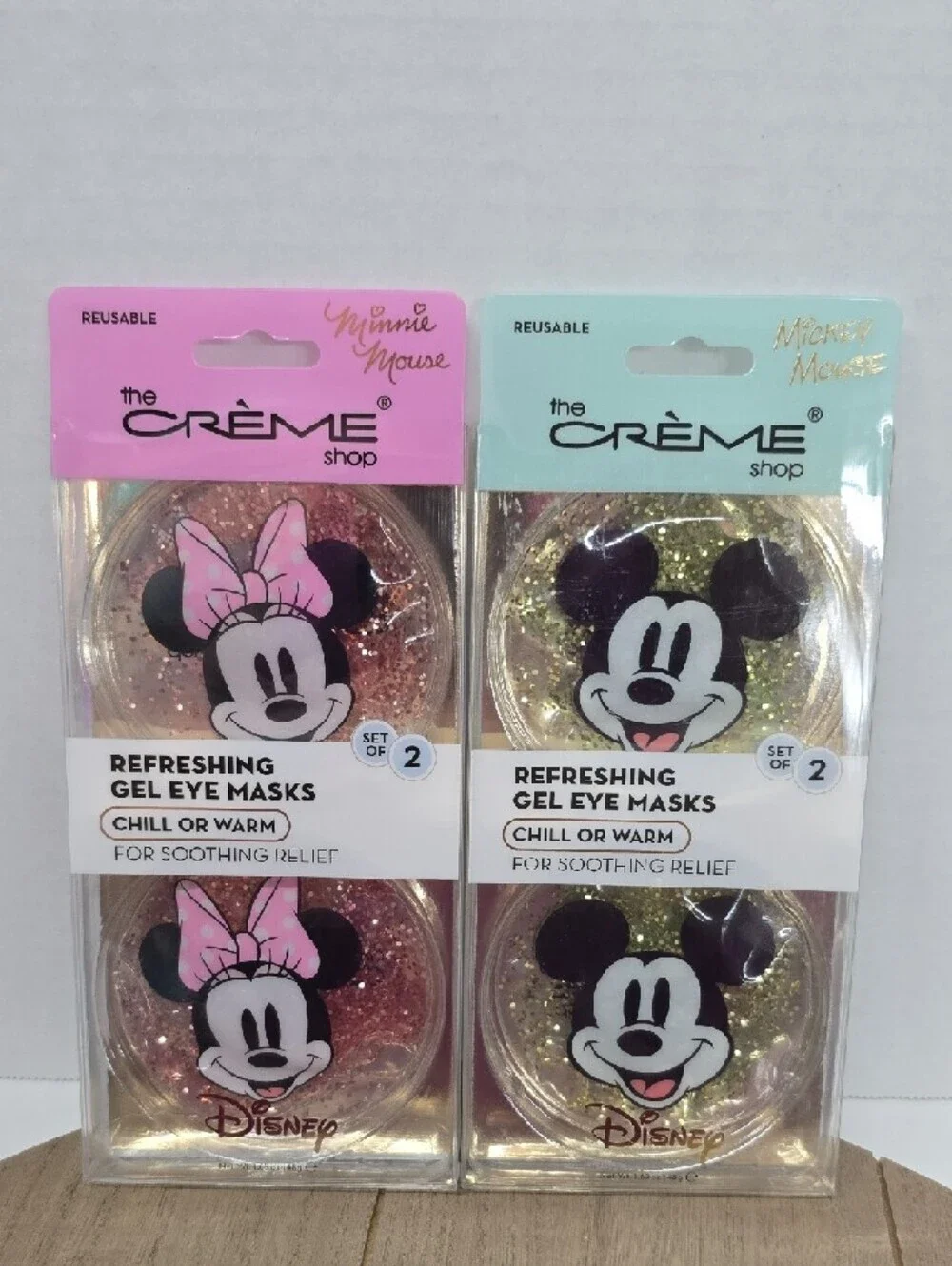 Disney Minnie & Mickey Glitter Gel Hot Or Cold Eye Masks Pink & Gold NWT